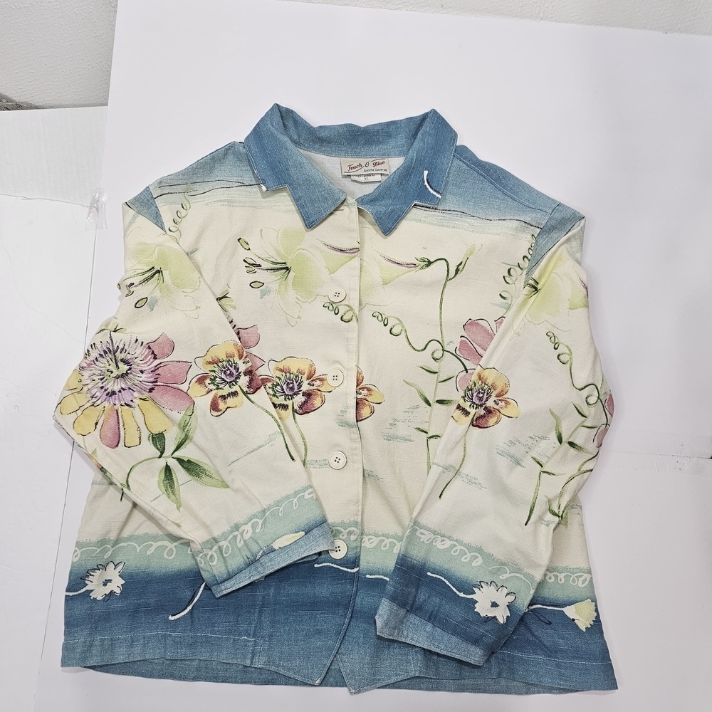 TOUCH BLUE-Floral Print Women's Jacket - Blue and White - Picture 11 of 12